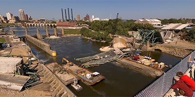 Collapsed 1-35W bridge seen from the south end of the 10th Ave. bridge.