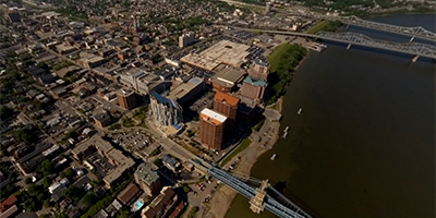 Aerial view of Cincinnati from the Ohio River at Newport, Kentucky