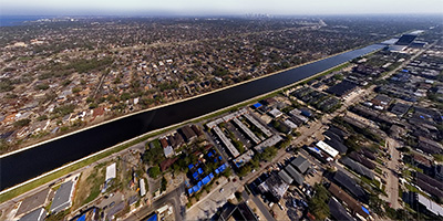 Aerial photograph over the 17th St. Canal in New Orleans after Katrina.