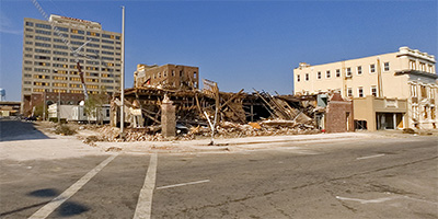Downtown Gulfport one block south of Hancock Bank building after Hurricane Katrina.