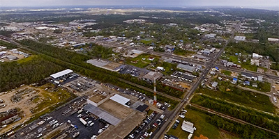 Aerial panorama from a helicopter over Gulfport near Pass Rd. and Hwy. 49. after Katrina.