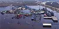 Aerial panorama over flooded New Orleans Six Flags after Katrina.
